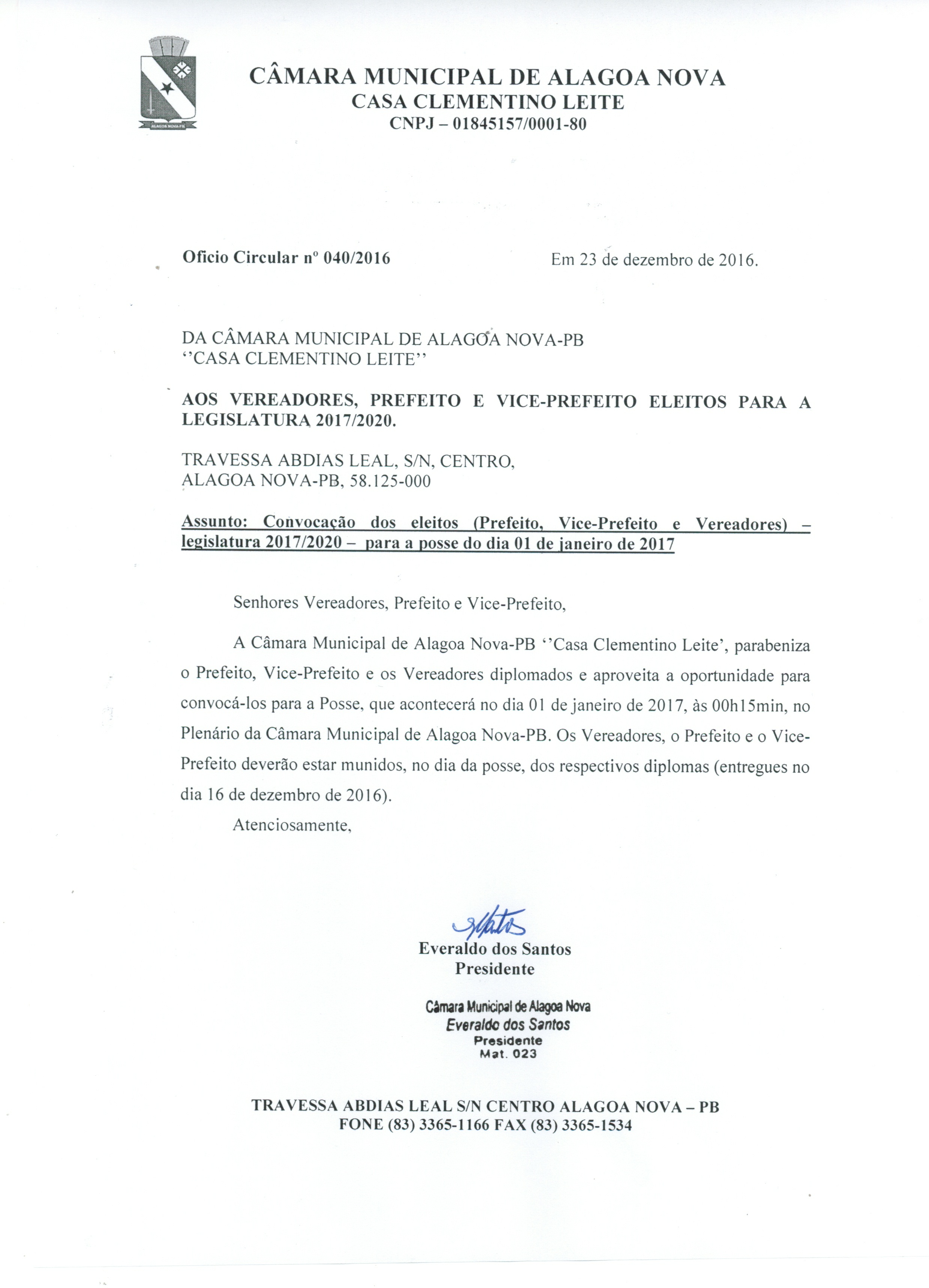 RETIFICAÇÃO DA Convocação para a Posse do dia 01 de janeiro de 2017